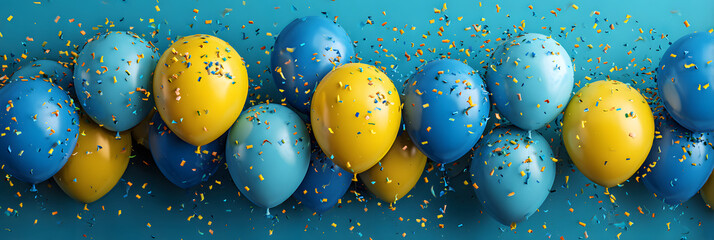 Swedish national day celebration background with colorful balloons and confetti on blue. Sveriges nationaldag. Horizontal banner. Copy space. Balloons in colors of flag of Sweden on a blue background