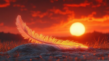 A feather rests on a rock at sunset