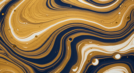 Fluid art with marbled textures in gold, navy blue and white, elegant and dynamic swirls.