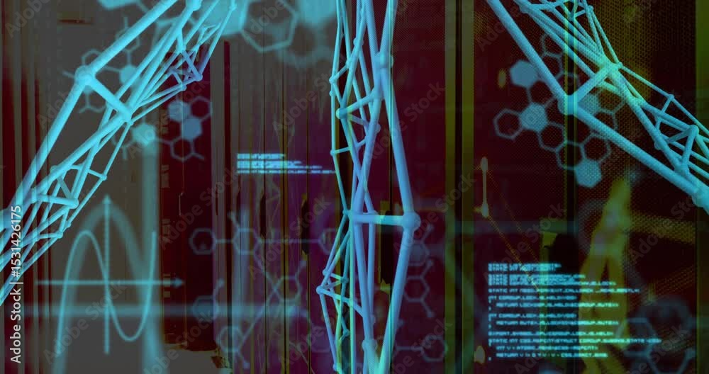 Poster at start cyan 3d wireframe lattice emerging drifting right with code scrolling up visualizing ui