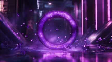 A holographic logo with digital particles forming around it, glowing in a sleek, high-tech room