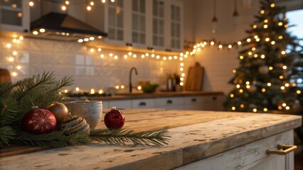 Cozy Christmas Kitchen Decor Rustic Wooden Tabletop with Ornaments, String Lights and Blurred Tree, Christmas, Festive Christmas, Home Decor