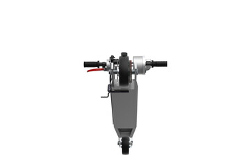 Sleek Designed Silver Electric Scooter, Convenient Personal Transport for City Travel and Daily Commute, Alternative Urban Mobility, Eco-Friendly Battery Vehicle, Isolated on White Background.