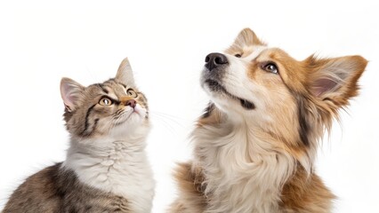 Curious Cat and Dog Looking Up, White Background, Close-up Portrait, Animal Friendship, Pet Photography Pet Photography, Animal Portraits