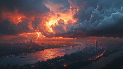 Dramatic Cityscape Skyline at Sunset with Fiery Sky above Winding River