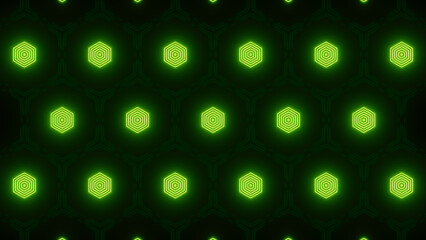 Green geometric pattern with glowing hexagonal shapes on a dark background.