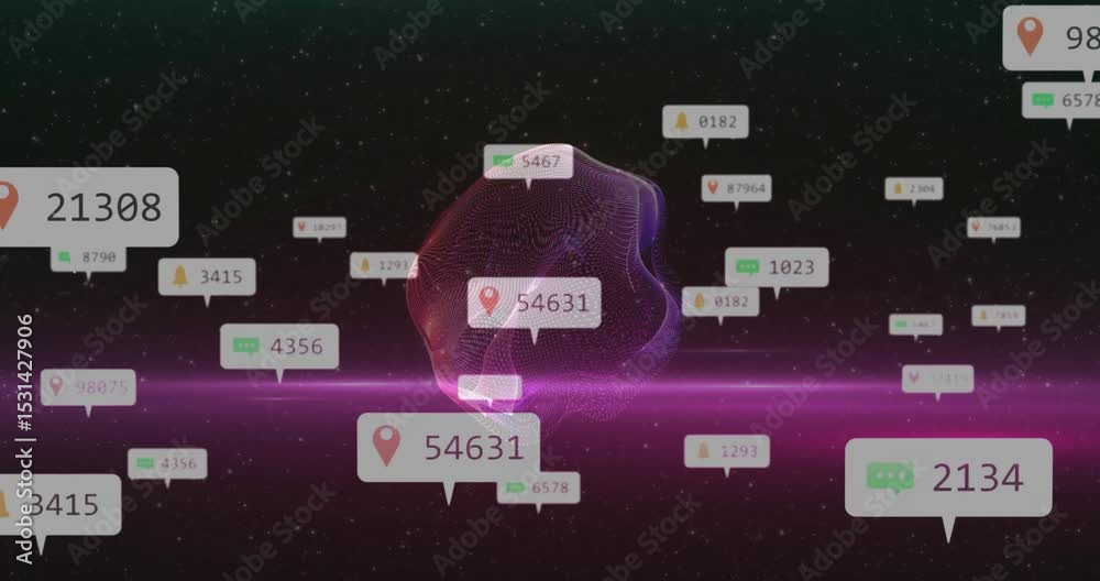 Poster emerging purple node pulsating, rotating data tags clustering fading, vanishing visualizing network