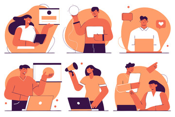 set of Social Media Marketing illustrations Collection of scenes with men and women taking part in business activities. Trendy vector style