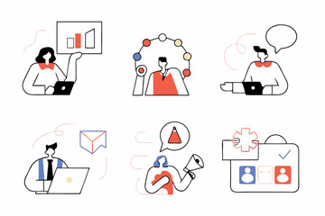 set of Social Media Marketing illustrations Collection of scenes with men and women taking part in business activities. Trendy vector style