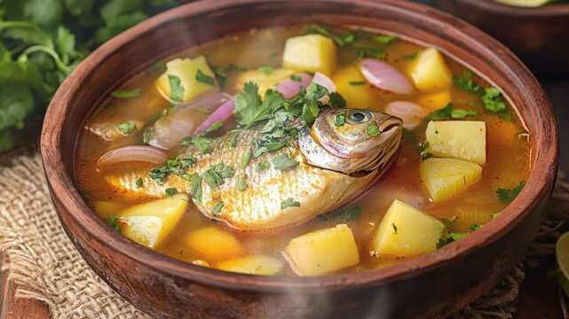 Encebollado fish and yuca soup with onions with smoke around