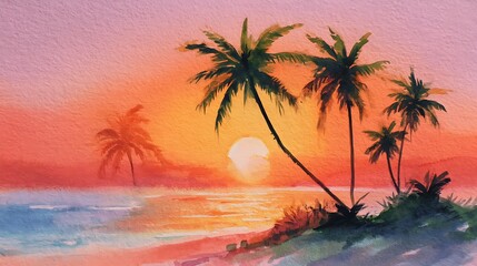 Serene watercolor painting captures a vibrant tropical beach sunset with palms