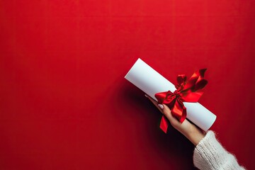 A hand holding a rolled-up white diploma with a red ribbon