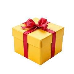 Fototapeta premium Vibrant Yellow Gift Box with Red Satin Ribbon Perfect for Celebrations and Special Occasions