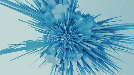 Obraz premium 3D Abstract Geometric Explosion in Light Blue and White – Symmetrical Burst with Wireframe Texture and Minimalist Tech Aesthetic