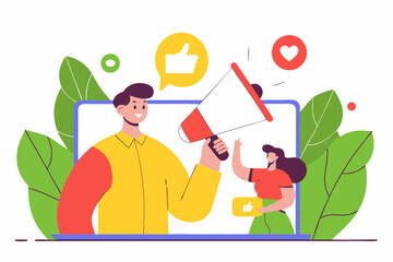 set of Social Media Marketing illustrations Collection of scenes with men and women taking part in business activities. Trendy vector style