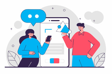 set of Social Media Marketing illustrations Collection of scenes with men and women taking part in business activities. Trendy vector style