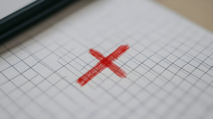 una hoja de cuaderno cuadriculada con una tache roja o na cruz x roja simbolo de mala calificacion elemento o marca recordatorio