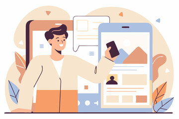 set of Social Media Marketing illustrations Collection of scenes with men and women taking part in business activities. Trendy vector style
