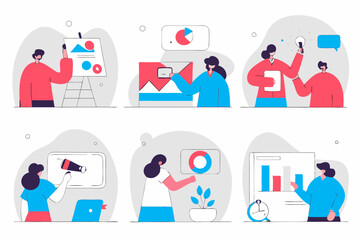 set of Social Media Marketing illustrations Collection of scenes with men and women taking part in business activities. Trendy vector style