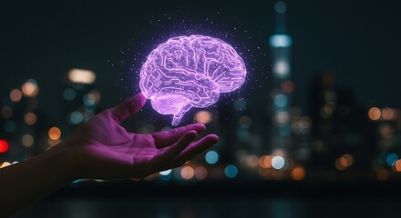 Brain held above cityscape future intelligence