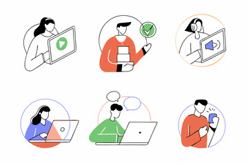 set of Social Media Marketing illustrations Collection of scenes with men and women taking part in business activities. Trendy vector style