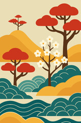 A stylized landscape illustration featuring bold red trees, blooming cherry blossoms, rolling yellow hills, and abstract teal waves in a flat retro Japanese-inspired design.