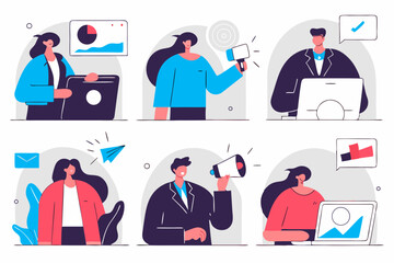 set of Social Media Marketing illustrations Collection of scenes with men and women taking part in business activities. Trendy vector style