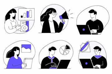 set of Social Media Marketing illustrations Collection of scenes with men and women taking part in business activities. Trendy vector style