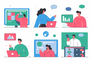 set of Social Media Marketing illustrations Collection of scenes with men and women taking part in business activities. Trendy vector style