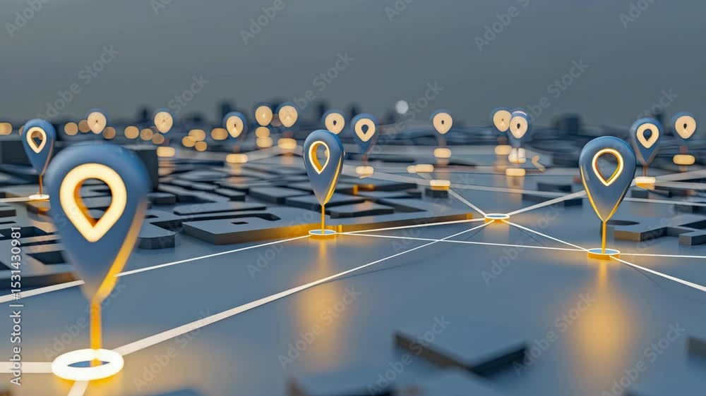 Poster illuminated markers indicate various navigation points on a digital map in a visually engaging way f