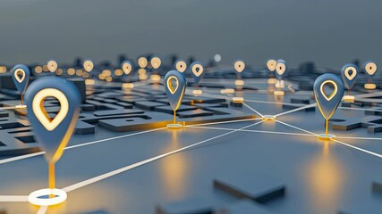 Illuminated markers indicate various navigation points on a digital map in a visually engaging way for enhanced location services