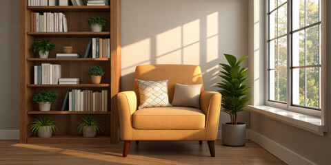 Cozy living room with mustard armchair and bookshelf