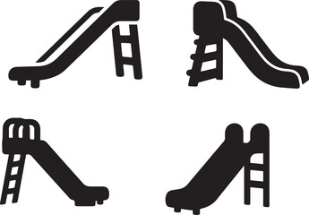 A collection of black silhouette icons depicting various playground equipment, including slides, a small swing, and a climbing structure.