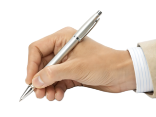A hand holding a silver pen ready to write on a surface with a black isolated background behind it
