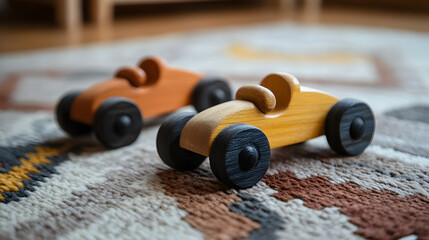 un tapete con dos carros de madera infantiles carritos de juguete para divertirse y jugar coloridos y pequeños adorables y modernos