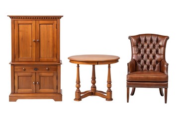 Wooden cabinet, round table, and tufted leather armchair isolated on white background