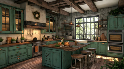Rustic kitchen with green cabinet  A5149