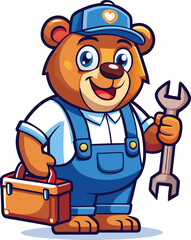 Cartoon bear mechanic holding a wrench and toolbox