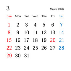 2026年3月、日本のカレンダー