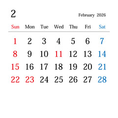 2026年2月、日本のカレンダー