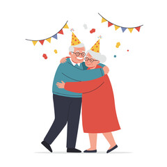 Elderly couple hugging at party with festive decorations and smiles  