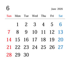 2026年6月、日本のカレンダー