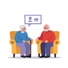 Elderly couple talking and reminiscing while sitting in armchairs  