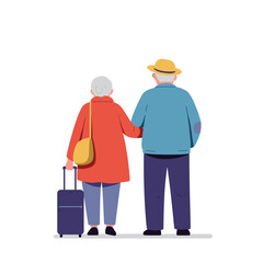 Elderly couple traveling together while holding hands and carrying luggage  