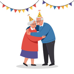 Elderly couple hugging at party with festive decorations and hats  