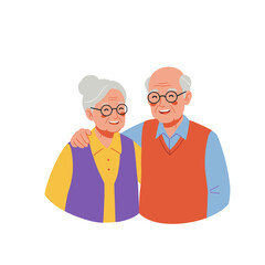 Elderly couple smiling together in colorful clothing and glasses  