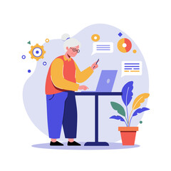 Elderly woman learning technology while working at a desk with plants  