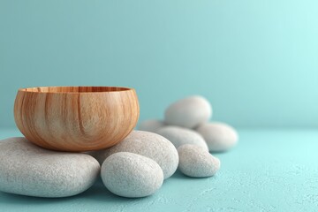 Light wooden bowl on stack of stones, teal background