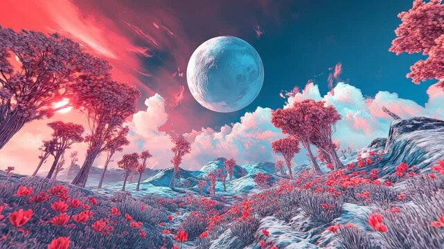 A vibrant alien landscape with pink foliage and a large moon illuminating the scene