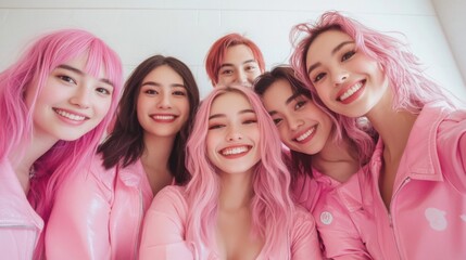 Fototapeta premium Group Portrait of Young Adults in Pink Attire with Varied Hair Colors Indoors